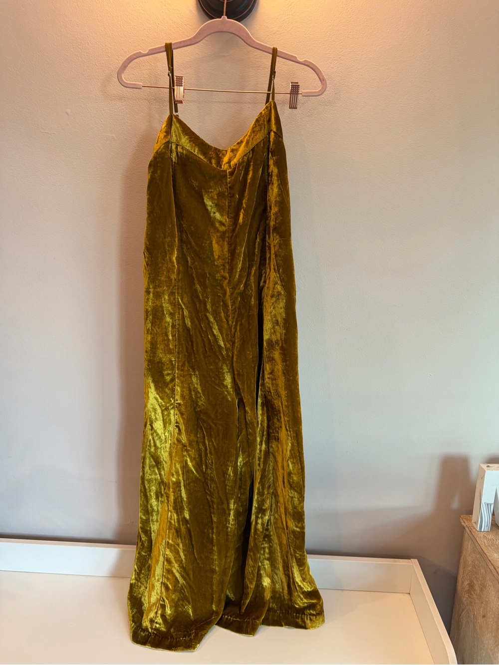 by Anthropologie Chartreuse Gold Crushed Velvet Wide Leg Jumpsuit Sz 12